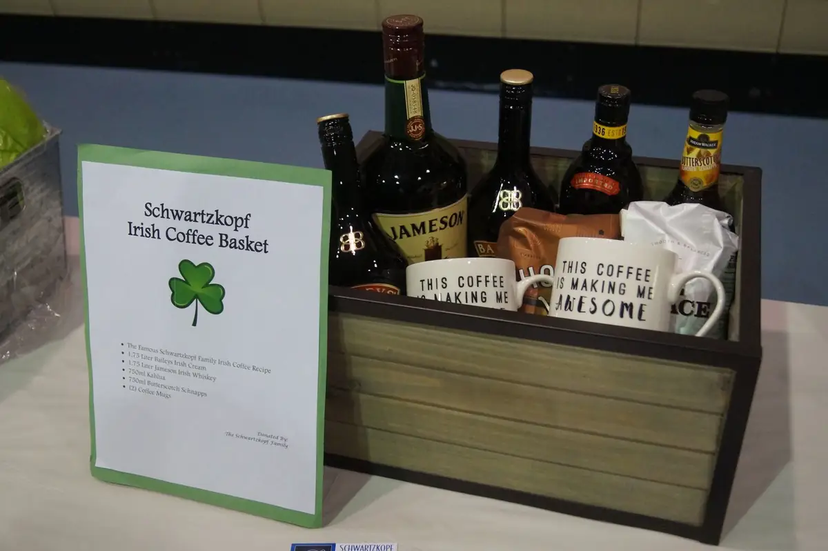 Wrapped auction items and donated packages for Oktoberfest fundraising