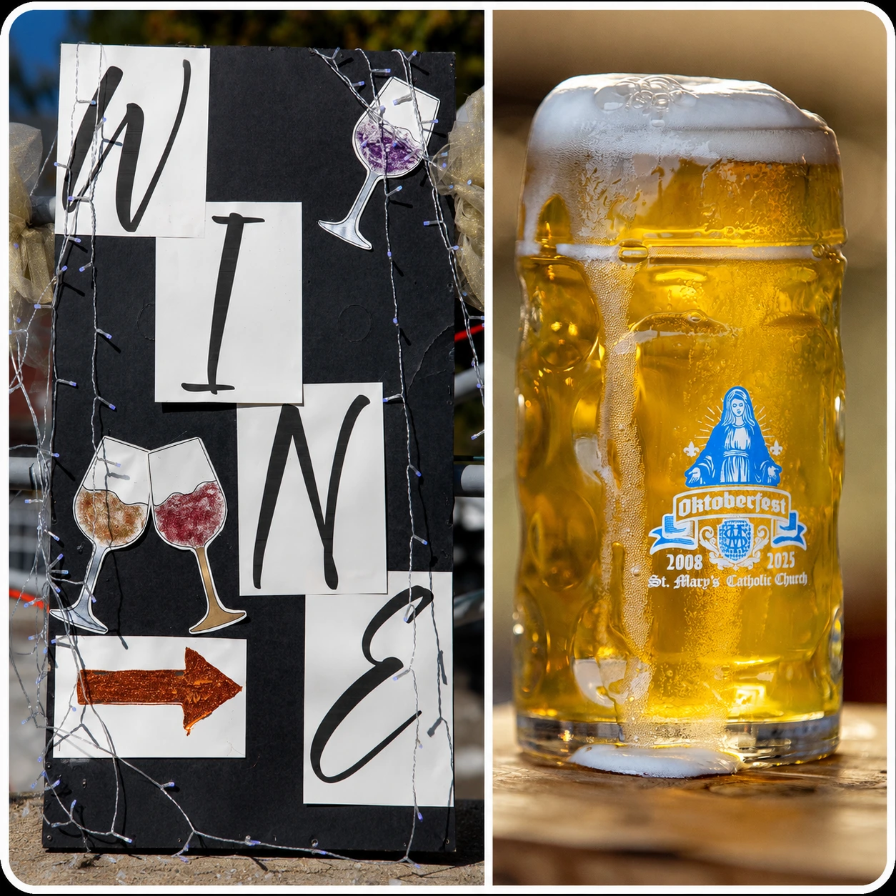 Split image of the Oktoberfest wine sign and a cold Oktoberfest beer mug